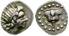 ISLANDS off CARIA. Rhodes. Circa 188-84 BC. AR Diobol (0.95 gm). Estimate $750 ISLANDS off CARIA. Rhodes. Circa 188-84 BC. AR Diobol (0.95 gm). Radiate head of Helios right / Rose, P-O flanking; star 