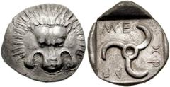DYNASTS of LYCIA. Mithrapata. Circa 380-375 BC. AR Stater (9.85 gm). Estimate $2000  DYNASTS of LYCIA. Mithrapata. Circa 380-375 BC. AR Stater (9.85 gm). Facing lion's scalp / ME-)(R-AP, Lycian triske