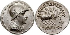 KINGS of BAKTRIA (Graeco-Baktrian). Eukratides I. Circa 171-145 BC. AR Tetradrachm (16.97 gm). Estimate $750 KINGS of BAKTRIA (Graeco-Baktrian). Eukratides I. Circa 171-145 BC. AR Tetradrachm (16.97 g