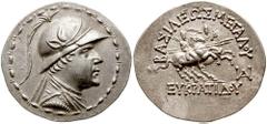 KINGS of BAKTRIA (Graeco-Baktrian). Eukratides I. Circa 171-145 BC. AR Tetradrachm (17.02 gm). Estimate $750 KINGS of BAKTRIA (Graeco-Baktrian). Eukratides I. Circa 171-145 BC. AR Tetradrachm (17.02 g