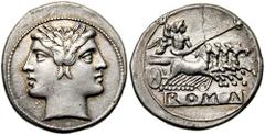 Anonymous. Circa 225-212 BC. AR Didrachm or Quadrigatus (6.40 gm). Estimate $500 Anonymous. Circa 225-212 BC. AR Didrachm or Quadrigatus (6.40 gm). Laureate head of Janus / Jupiter in quadriga driven 