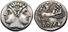 Anonymous. Circa 225-212 BC. AR Didrachm or Quadrigatus (6.31 gm). Estimate $500 Anonymous. Circa 225-212 BC. AR Didrachm or Quadrigatus (6.31 gm). Laureate head of Janus / Jupiter in quadriga driven 