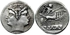 Anonymous. Circa 225-212 BC. AR Didrachm or Quadrigatus (6.65 gm). Estimate $500 Anonymous. Circa 225-212 BC. AR Didrachm or Quadrigatus (6.65 gm). Laureate head of Janus / Jupiter in quadriga driven 
