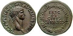 CLAUDIUS. 41-54 AD. Æ Sestertius (30.81 gm). Struck 41-42 AD. Estimate $10000 CLAUDIUS. 41-54 AD. Æ Sestertius (30.81 gm). Struck 41-42 AD. TI CLAVDIVS CAESAR AVG P M TR P IMP, laureate head of Claudi
