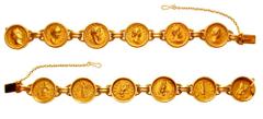 Bracelet of Six Antonine Aureii. Estimate $15000  Bracelet of Six Antonine Aureii. Bracelet dates circa 1946. Includes the following coins: Antoninus Pius. 138-161 AD. ANTONINVS AVG PI-VS P P TR P COS