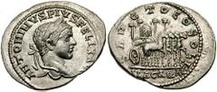 ELAGABALUS. 218-222 AD. AR Denarius (3.12 gm). Antioch mint. Estimate $750 ELAGABALUS. 218-222 AD. AR Denarius (3.12 gm). Antioch mint. ANTONINVS PIVS FEL AVG, laureate bust right / SANCT DEO SOLI, EL