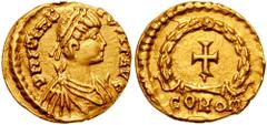 JULIUS NEPOS. First Reign, 474-475 AD. AV Tremissis (1.44 gm). Ravenna mint. Estimate $3000 JULIUS NEPOS. First Reign, 474-475 AD. AV Tremissis (1.44 gm). Ravenna mint. D N IVL NE-POS P F AVG, pearl-d