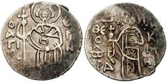 TREBIZOND. Theodora. Circa 1285. AR Asper (2.79 gm). Estimate $500 TREBIZOND. Theodora. Circa 1285. AR Asper (2.79 gm). O AGIOC EUGENIOC, St. Eugenius standing, holding long cross / QEODWRA H KO MNHN,