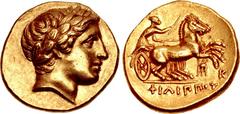 KINGS of MACEDON. temp. Philip III – Kassander. Circa 323/2-315 BC. AV Stater (19mm, 8.63 g, 10h). In the name and types of Philip II. Amphipolis mint(?). Head of Apollo right, wearing laurel wreath /