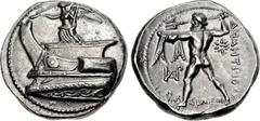 KINGS of MACEDON. Demetrios I Poliorketes. 306-283 BC. AR Tetradrachm (27mm, 17.18 g, 12h). Ephesos mint. Struck circa 301-295 BC. Nike, blowing trumpet and holding stylis, standing left on prow of ga