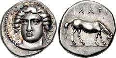 THESSALY, Larissa. Circa 405/0-370 BC. AR Drachm (18mm, 6.08 g, 10h). Early facing head type. Obverse die signed by Simo- . Head of the nymph Larissa facing slightly right, hair in ampyx, wearing neck