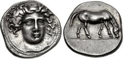 THESSALY, Larissa. Circa 405/0-370 BC. AR Drachm (19mm, 6.01 g, 1h). Early facing head type. Head of the nymph Larissa facing slightly right, hair in ampyx [ part of the circle that was drawn to centr