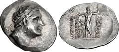 KINGS of BITHYNIA. Nikomedes III Euergetes. 127-94 BC. AR Tetradrachm (36mm, 16.92 g, 11h). Dated 195 BE (102/3 BC). Diademed head right / Zeus Stephanophoros standing left; to inner left, eagle stand