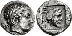 MYSIA, Pergamon. Mid 5th century BC. AR Diobol (11mm, 1.72 g, 10h). Laureate head of Apollo right; star(?) behind neck / Bearded head right, wearing Persian tiara, within incuse square. Von Fritze, Pe