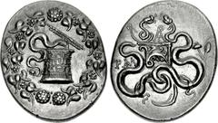 LYDIA, Tralleis. Circa 166-67 BC. AR Tetradrachm (25mm, 12.69 g, 12h). Cistophoric type. Struck circa 134-128 BC. Cista mystica with serpent; all within ivy wreath / Two serpents entwined around bow a