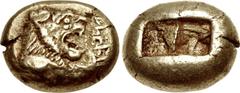 KINGS of LYDIA. Alyattes. Circa 610-560 BC. EL Trite – Third Stater (13mm, 4.69 g). Lydo-Milesian standard. Figural type. Sardes mint. Confronted lion heads (only the left visible); WALWET (in Lydian,