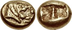 KINGS of LYDIA. Alyattes. Circa 610-560 BC. EL Hekte – Sixth Stater (9mm, 2.35 g). Lydo-Milesian standard. Figural type. Sardes mint. Confronted lion heads (only the left visible); [WA]LWE[T] (in Lydi
