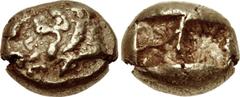 KINGS of LYDIA. Alyattes. Circa 610-560 BC. EL Hekte – Sixth Stater (10mm, 2.35 g). Lydo-Milesian standard. Figural type. Sardes mint. Confronted lion heads (only the right visible); [WA]LWE[T] (in Ly