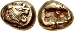 KINGS of LYDIA. temp. Alyattes – Kroisos. Circa 610-546 BC. EL Trite – Third Stater (12mm, 4.77 g). Sardes mint. Head of roaring lion right, sun with multiple rays on forehead / Two incuse square punc