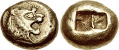 KINGS of LYDIA. temp. Alyattes – Kroisos. Circa 610-546 BC. EL Trite – Third Stater (12mm, 4.73 g). Sardes mint. Head of roaring lion right, sun with multiple rays on forehead / Two incuse square punc