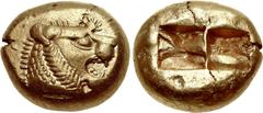 KINGS of LYDIA. temp. Alyattes – Kroisos. Circa 610-546 BC. EL Trite – Third Stater (12mm, 4.74 g). Sardes mint. Head of roaring lion right, sun with multiple rays on forehead / Two incuse square punc