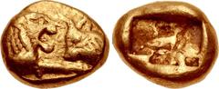 KINGS of LYDIA. Kroisos. Circa 560-546 BC. AV Sixth Stater (8mm, 1.33 g). Light standard. Sardes mint. Struck circa 550-546 BC. Confronted foreparts of lion right and bull left / Two incuse square pun