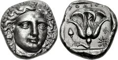 ISLANDS off CARIA, Rhodos. Rhodes . Circa 404-385 BC. AR Tetradrachm (22mm, 14.98 g, 12h). Chian standard. Head of Helios facing slightly right / Rose in profile, bud to left; POΔI[ON] above; to left,