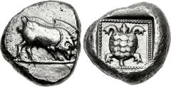 DYNASTS of LYCIA. Uncertain dynast. Circa 490/80-440/30 BC. AR Stater (15mm, 9.23 g, 10h). ‘Protodynastic’ period, Group B. Boar standing right on ground line / Tortoise in dotted square border within