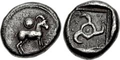DYNASTS of LYCIA. Kuprilli. Circa 480-440 BC. AR Third Stater (13mm, 3.05 g). Limyra mint(?). Goat standing right; shield above / Triskeles within incuse square. Mørkholm & Zahle 118 var. (no shield o