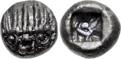 ASIA MINOR, Uncertain. Circa 5th century BC. AR Tetrobol (11mm, 2.86 g). Stylized facing lion’s head wearing five-spiked crown / Incuse square punch with intersecting lines and pellet. M. Thompson, “S