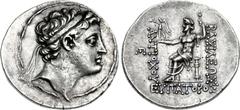 SELEUKID KINGS of SYRIA. Antiochos V Eupator. 164-162 BC. AR Tetradrachm (32mm, 16.43 g, 1h). Antioch on the Orontes mint. Diademed head right / Zeus Nikephoros seated left; monogram to outer left. SC