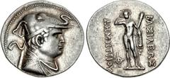 BAKTRIA, Greco-Baktrian Kingdom. Demetrios I Aniketos. Circa 200-185 BC. AR Tetradrachm (33mm, 17.01 g, 12h). Diademed and draped bust right, wearing elephant skin headdress / Herakles standing facing