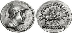 BAKTRIA, Greco-Baktrian Kingdom. Eukratides I Megas. Circa 170-145 BC. AR Tetradrachm (34mm, 17.00 g, 12h). Diademed, draped, and cuirassed bust right, wearing crested helmet adorned with bull's horn 