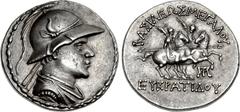 BAKTRIA, Greco-Baktrian Kingdom. Eukratides I Megas. Circa 170-145 BC. AR Tetradrachm (32mm, 17.04 g, 12h). Diademed, draped, and cuirassed bust right, wearing crested helmet adorned with bull's horn 
