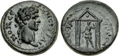 LYDIA, Nacrasa. Trajan. AD 98-117. Æ (20mm, 4.52 g, 12h). A(VT) NЄP TRAIA–ANON CЄ, laureate head right / [N]AKRA–CITΩN, Artemis standing left, holding bow and drawing arrow from quiver, within tetrast