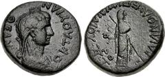 LYDIA, Sardis. Diva Claudia Octavia. Died AD 62. Æ (18mm, 6.11 g, 12h). Mindios, strategos for the second time. ΘEAN OKTAOYIAN, draped bust right, wearing wreath of grain ears / Veiled female standing