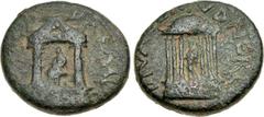 JUDAEA, Caesarea Panias. Diva Poppaea and Diva Claudia. Died AD 65 and AD 63. Æ (20mm, 5.78 g, 12h). Struck AD 65-68. Statue of Diva Poppaea seated left within distyle temple / Statue of Diva Claudia 