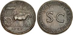 Diva Domitilla Senior. Died before AD 69. Æ Sestertius (33mm, 27.09 g, 6h). Rome mint. Struck under Titus, AD 80-81. MEMORIAE/DOMI/TILLAE in three lines above, S P Q R in exergue, Carpentum drawn righ