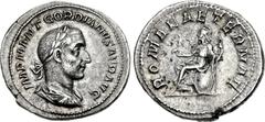 Gordian I. AD 238. AR Denarius (20mm, 3.09 g, 11h). Rome mint. Laureate, draped, and cuirassed bust right / Roma seated left on shield, holding Victory in right hand and leaning on vertical scepter wi