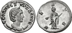 Cornelia Supera. Augusta, AD 253. AR Antoninianus (21mm, 2.87 g, 6h). Rome mint. Struck under Aemilian. C CORNEL S VPERA AVG, draped bust right, wearing stephane, set on crescent / VESTA, Vesta standi