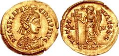 Galla Placidia. Augusta, AD 421-450. AV Solidus (22mm, 4.45 g, 6h). Vicennalia issue. Rome mint. Struck while regent for Valentinian III, AD 425/6. D N GALLA PLA CIDIA P F AVG, laureate, pearl-diademe