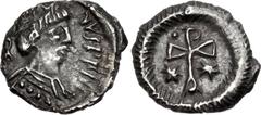 LOMBARDS, Lombardy. Uncertain king. Circa 568-690. AR 1/4 Siliqua (11mm, 0.49 g, 6h). Struck in the name of Justin II. Ravenna mint. Diademed and draped bust right / Staurogram with broad open bars; s