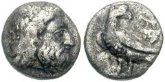 BAKTRIA. Pre-Seleukid Period. Sophytes. Circa 325-300 BC. AR Diobol (10mm, 0.78 gm). Head of Athena right, wearing Corinthian helmet / Cock standing right, caduceus to left. SNG ANS 27; MIG 31. VF, li