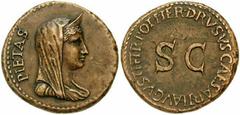 LIVIA, mother of Tiberius. Æ Dupondius (35mm, 9.40 gm). Issued under Tiberius, 22-23 AD. Veiled and diademed bust of Livia as Pietas right / Legend around large S C. RIC I 43 var. (Tiberius; see below