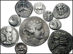 Lot of 9 Greek AR. Lot contains the following: CALABRIA, Tarentum. Circa 272-240 BC. AR Nomos (6.05 gm). Nude youth on horseback left, placing wreath on horse's head / Taras astride dolphin left, hurl