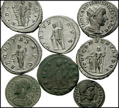 Lot of 8 Roman coins. Lot contains the following: GORDIAN III. 238-244 AD. AR Antoninianus. Radiate, draped and cuirassed bust right / Jupiter standing left; before him, small figure of Gordian III st