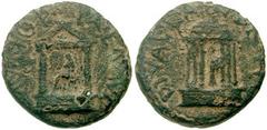 SYRIA, Trachonitis. Caesarea Panias. Diva Poppaea and Diva Claudia. Time of Agrippa II. 48-95 AD. Æ 18mm (4.92 gm). Struck circa 65 AD. DIVA POPPAEA AVG, distyle temple with seated figure of Poppaea /