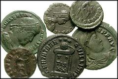 ROMAN IMPERIAL. Lot of five late Roman AE. Lot includes the following: Constantine II, as Caesar. 324-337 AD. AE Follis. Treveri (Trier) mint. Struck 322-323 AD. Globe set on inscribed altar with thre