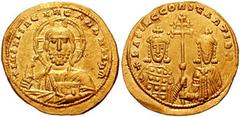 BASIL II and CONSTANTINE VIII. 976-1025 AD. AV Histamenon (24mm, 4.43 gm). Constantinople mint. Struck 989-1001 AD. Nimbate facing bust of Christ, holding Gospels / Crowned facing busts of Basil, wear