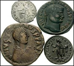 MISCELLANEOUS. Lot of four Roman and Byzantine AR and AE. Lot includes the following: MARCUS AURELIUS. 161-180 AD. AR Denarius. Concordia. RSC 30 // DIOCLETIAN. 284-305 AD. AE Follis. Antioch mint. St